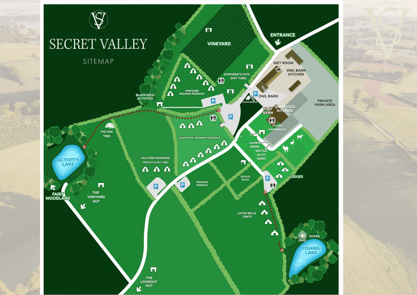 Secret Valley Site Map showing all accommodation areas, facilities, and walking trails across the glamping site